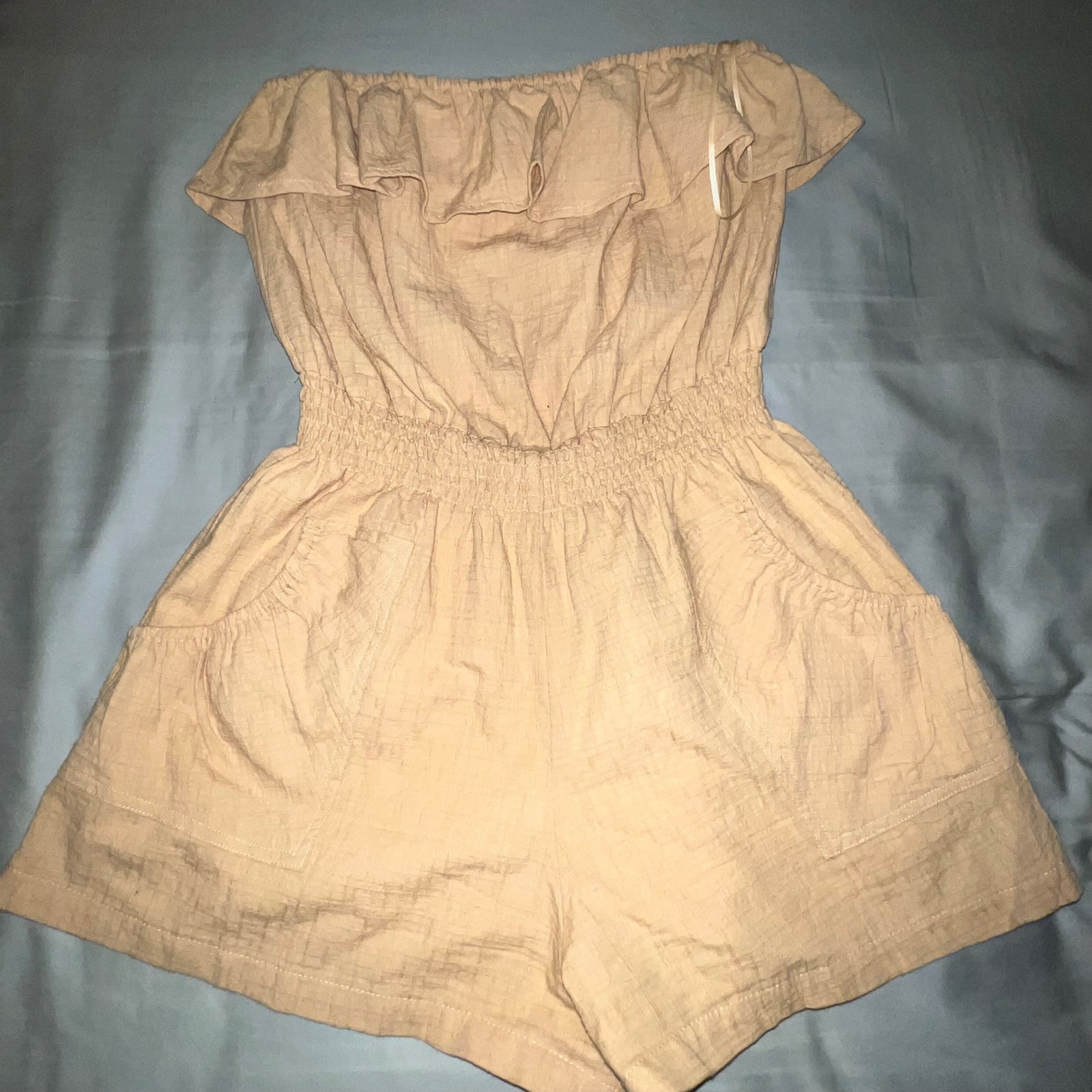 Promesa Womens Strapless Ruffle Romper Tan Cotton Gauze Smocked Waist Small
